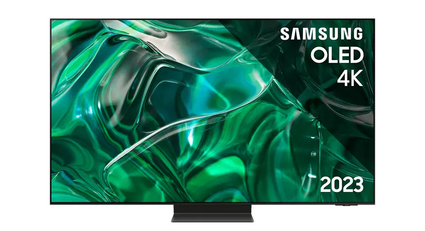 a samsung 4k oled tv with a green digital render displaying